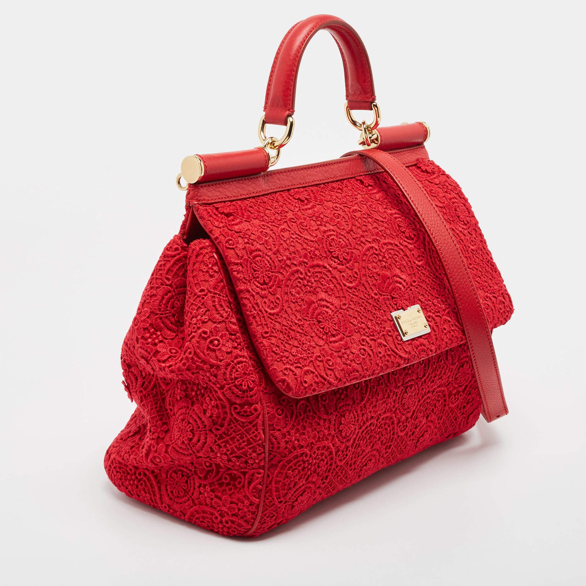 Dolce & Gabbana Red Lace and Leather Large Miss Sicily Top Handle Bag In Good Condition In Dubai, Al Qouz 2