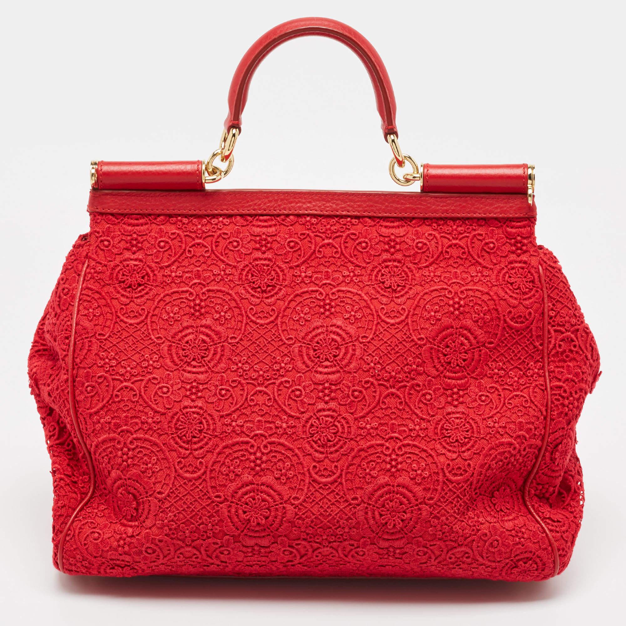 Dolce & Gabbana Red Lace and Leather Large Miss Sicily Top Handle Bag 3