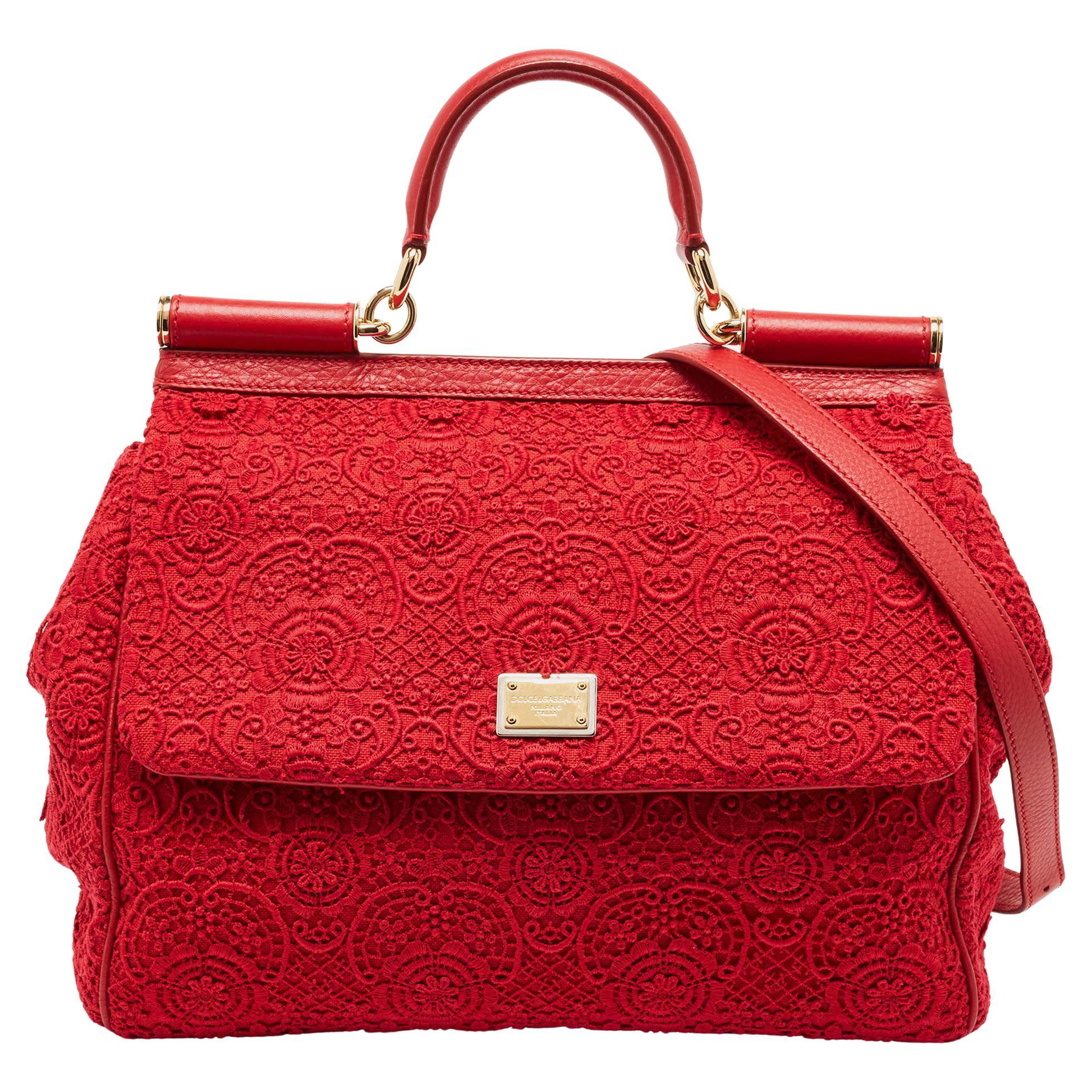 Dolce & Gabbana Red Lace and Leather Large Miss Sicily Top Handle Bag