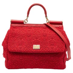 Dolce & Gabbana Red Lace and Leather Large Miss Sicily Top Handle Bag