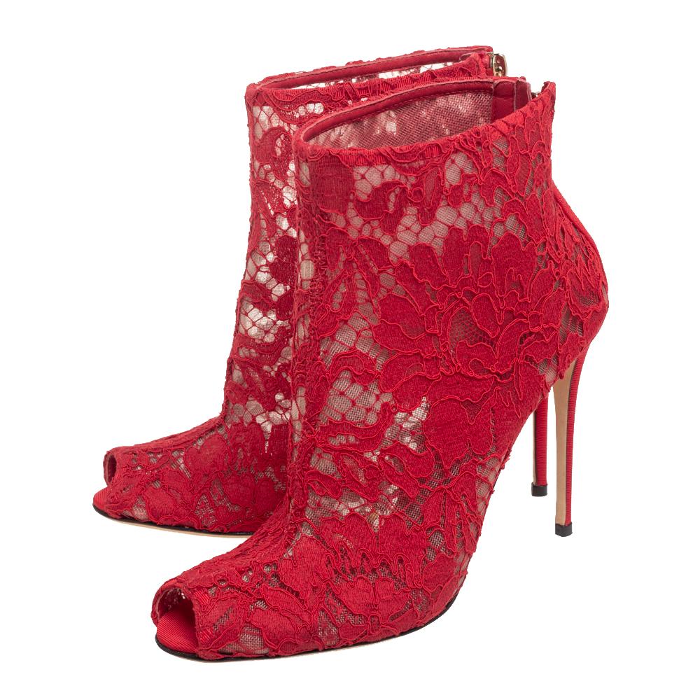 Women's Dolce & Gabbana Red Lace And Mesh Peep Toe Ankle Boots Size 37