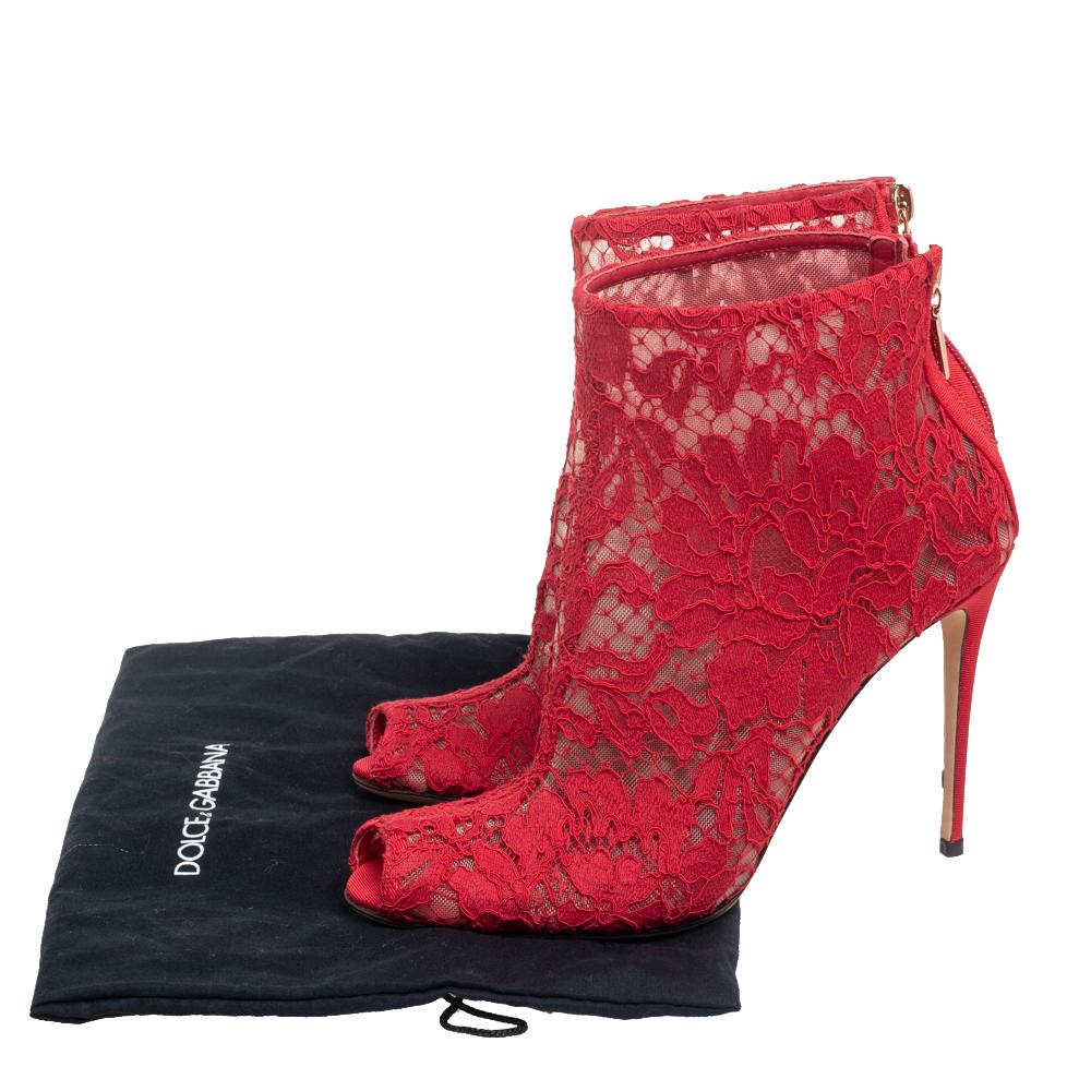 Dolce & Gabbana Red Lace And Mesh Peep Toe Ankle Boots Size 37 1