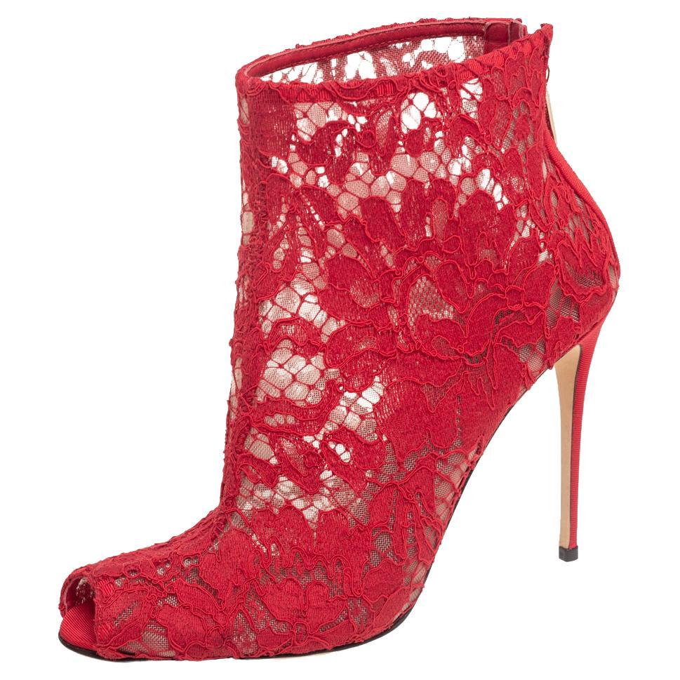 Dolce & Gabbana Red Lace And Mesh Peep Toe Ankle Boots Size 37