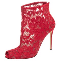 Dolce & Gabbana Red Lace And Mesh Peep Toe Ankle Boots Size 37