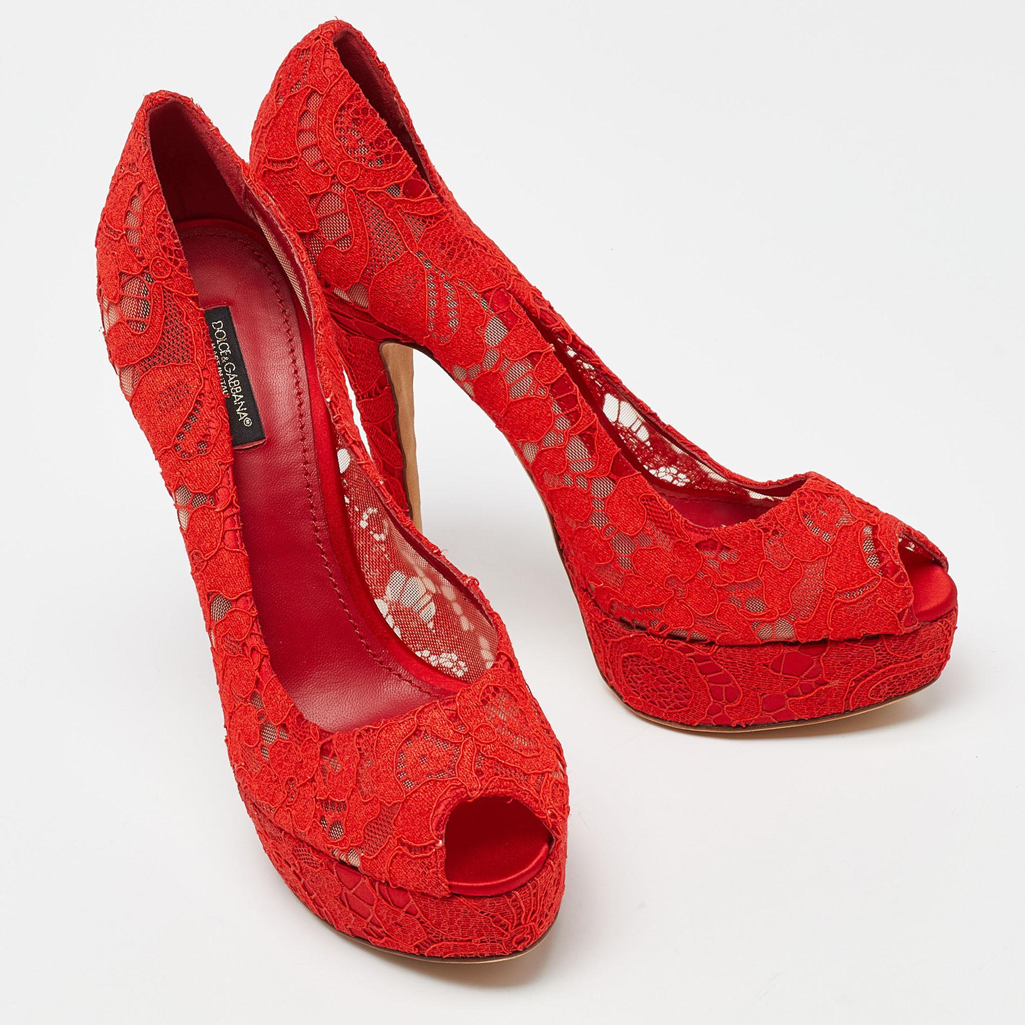Women's Dolce & Gabbana Red Lace And Satin Peep Toe Platform Pump Size 40