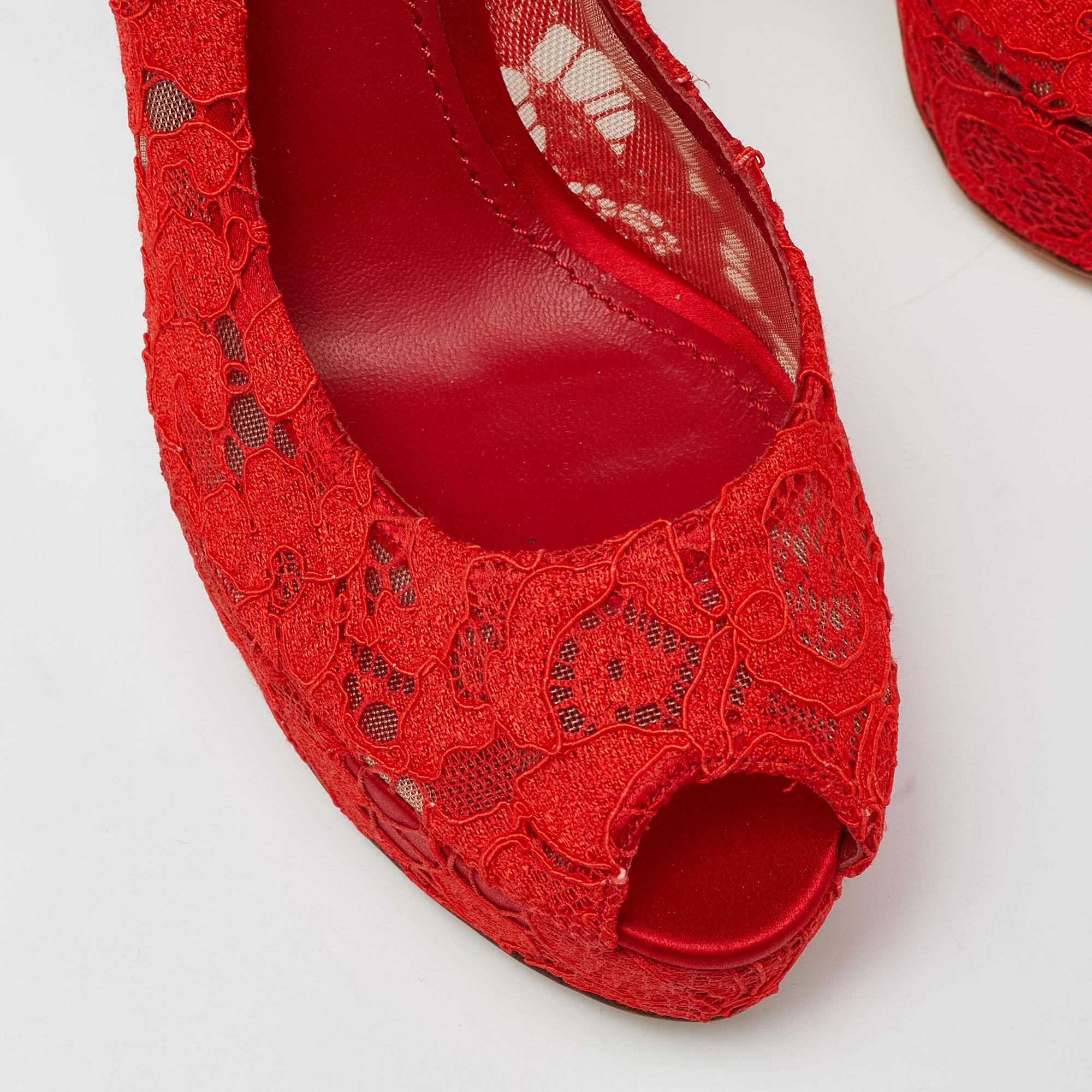 Dolce & Gabbana Red Lace And Satin Peep Toe Platform Pump Size 40 3