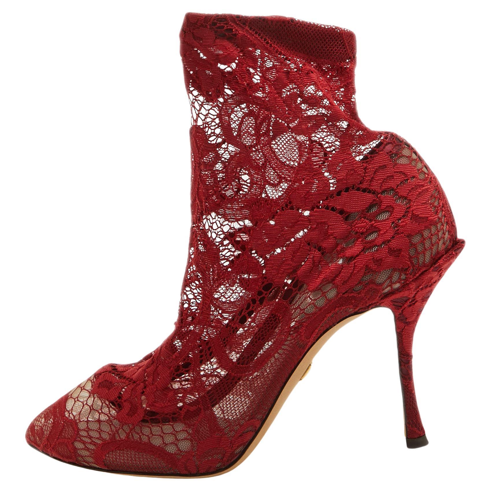 Dolce & Gabbana Red Lace Ankle Booties Size 38.5 For Sale