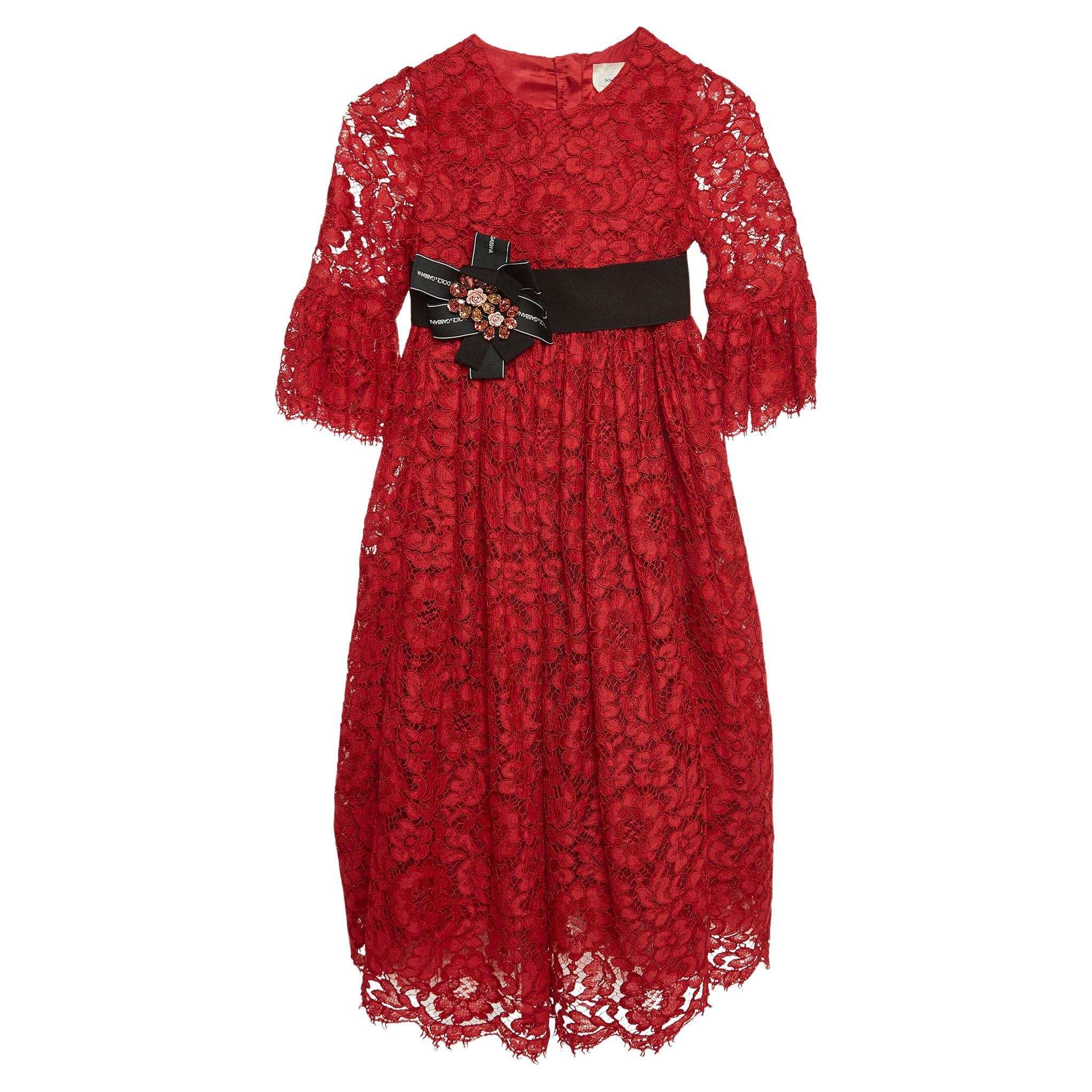 Dolce & Gabbana Red Lace Bow Detail Dress (6 Yrs) For Sale