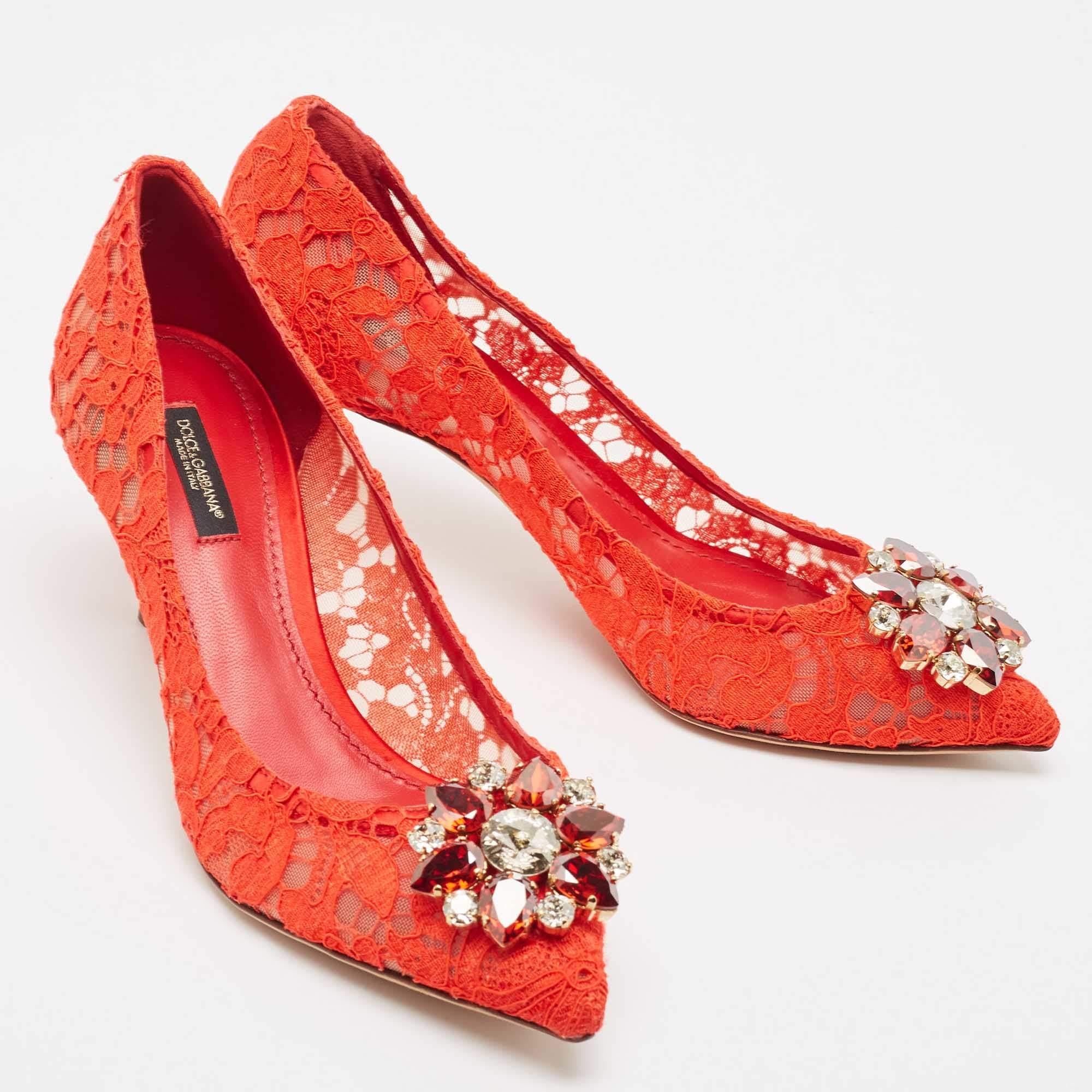 Women's Dolce & Gabbana Red Lace Crystal Embellished Bellucci Pumps Size 38