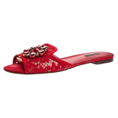 Dolce & Gabbana Red Lace Crystal Embellished Flat Slides Size 40