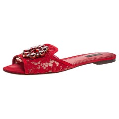Dolce & Gabbana Red Lace Crystal Embellished Flat Slides Size 40