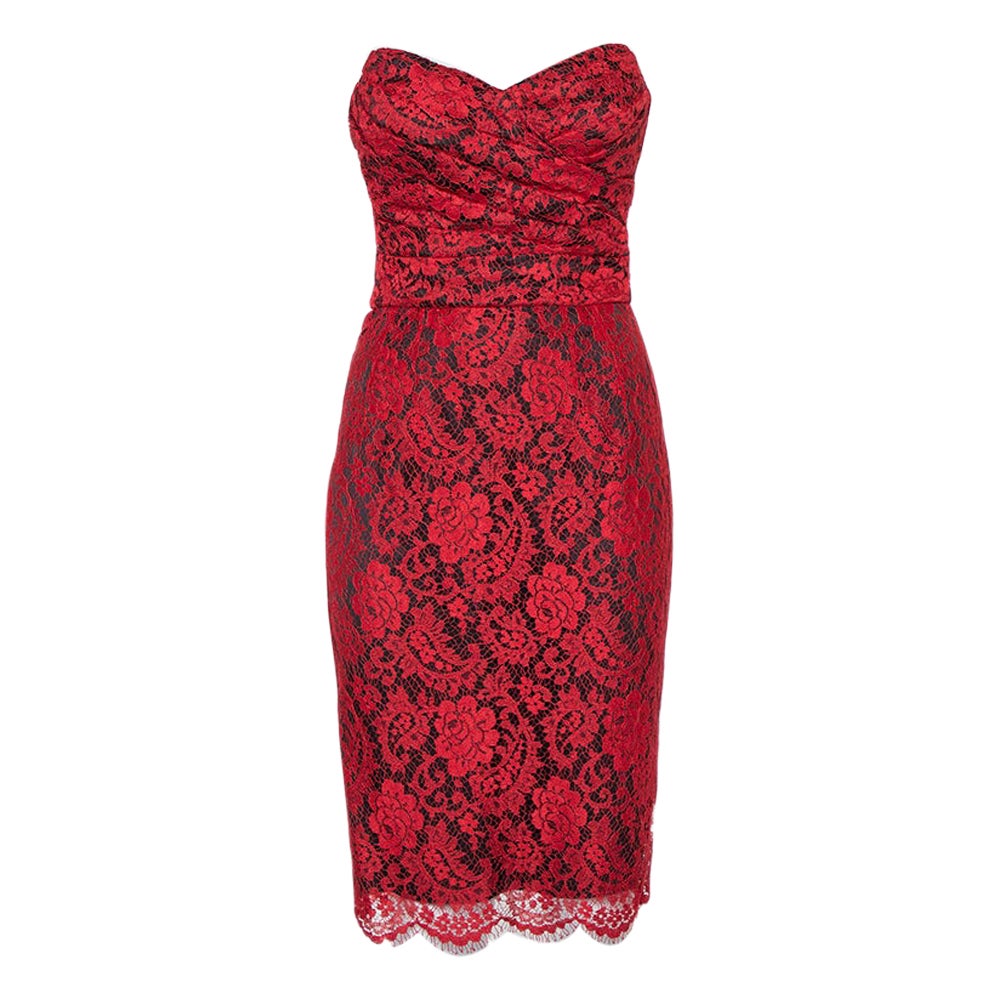 Dolce & Gabbana Rotes, drapiertes, trägerloses Minikleid aus Spitze S