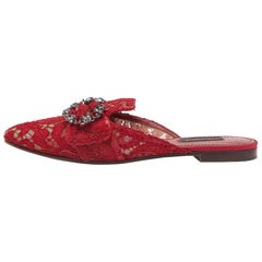 Dolce 
Gabbana Red Lace Jackie Crystal Embellished Buckle Flat Mules Size 37.5