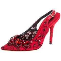 Dolce & Gabbana Red Lace Jewel Embellished Slingback Pointed Toe Pumps Size 38