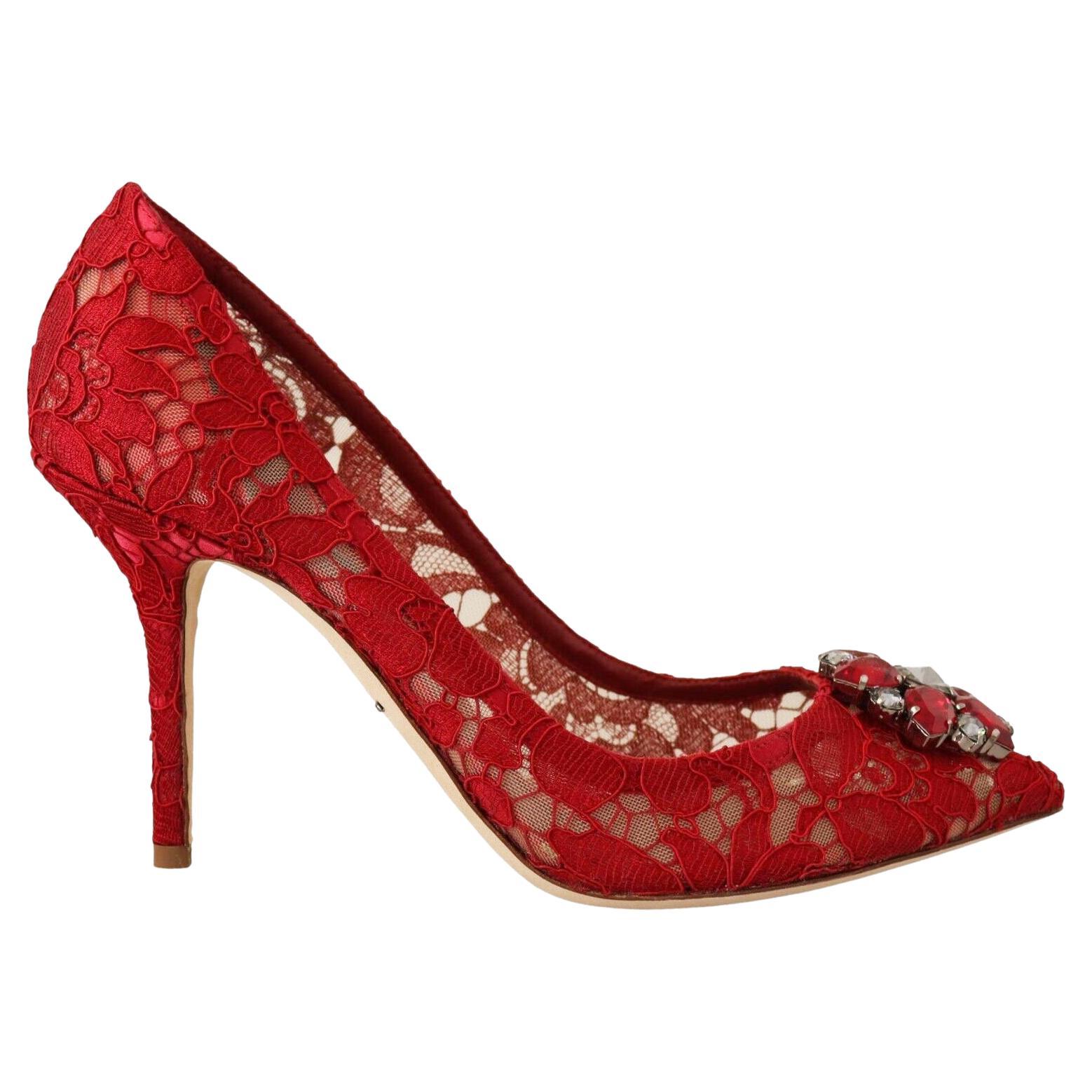 and Gabbana Lace Leather Bellucci Shoes Heels Pumps Floral DG Crystals Sale at 1stDibs
