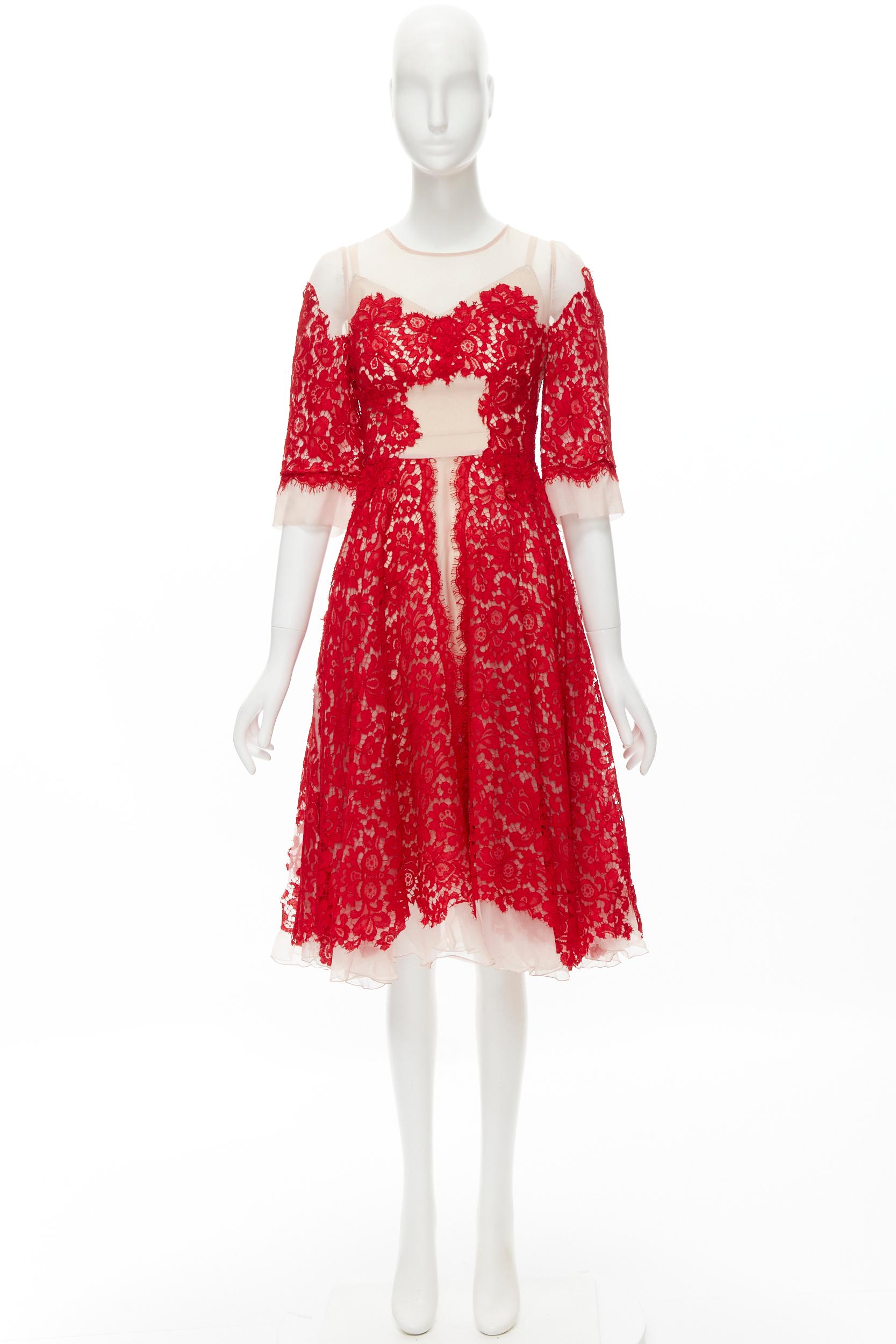DOLCE GABBANA red lace panel pink sheer silk fit flared cocktail dress IT36 XS For Sale 4