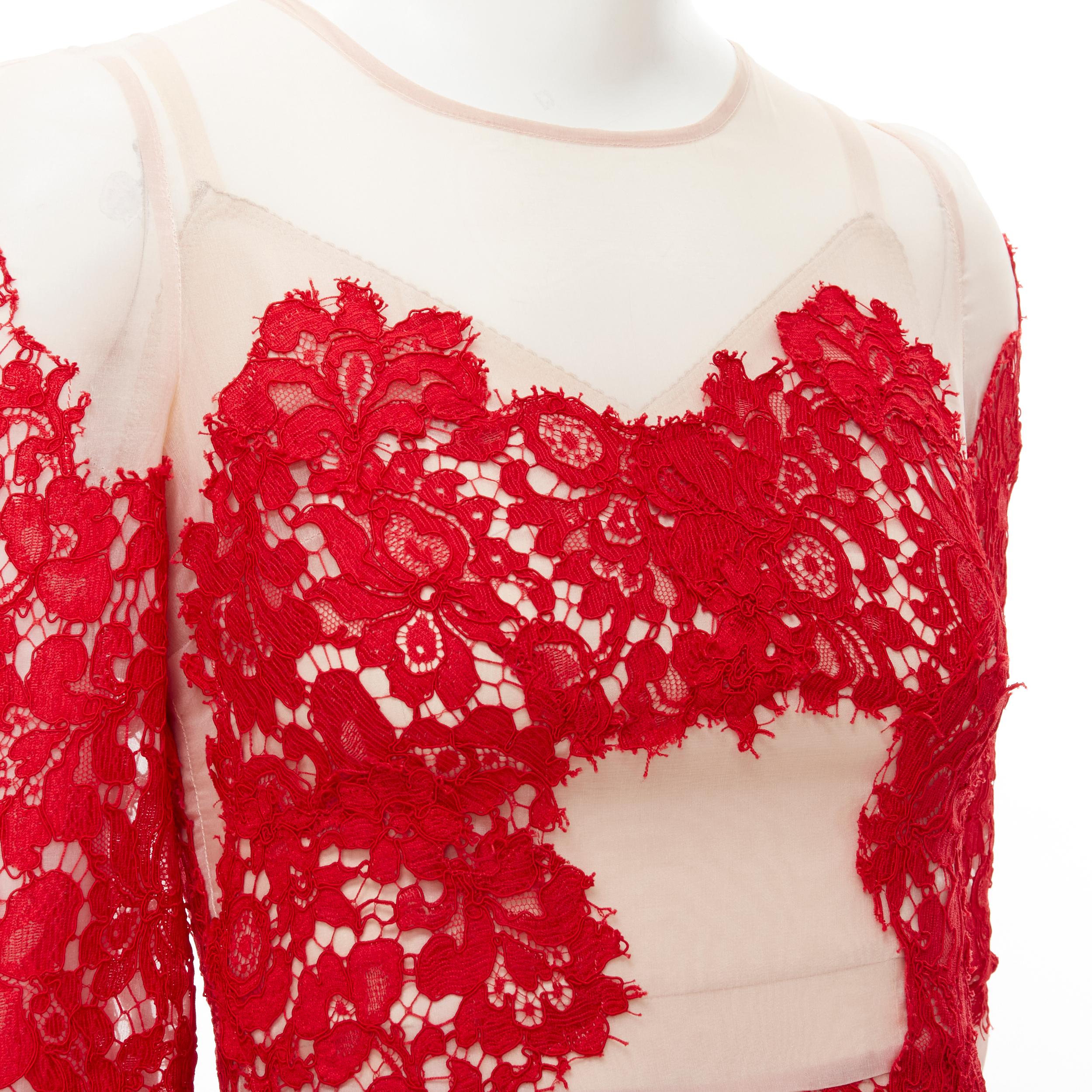 DOLCE GABBANA red lace panel pink sheer silk fit flared cocktail dress IT36 XS 
Reference: TGAS/B02034 
Brand: Dolce Gabbana 
Material: Silk 
Color: Red 
Pattern: Floral 
Closure: Zip 
Extra Detail: Light pink sheer silk upper. Red floral lace