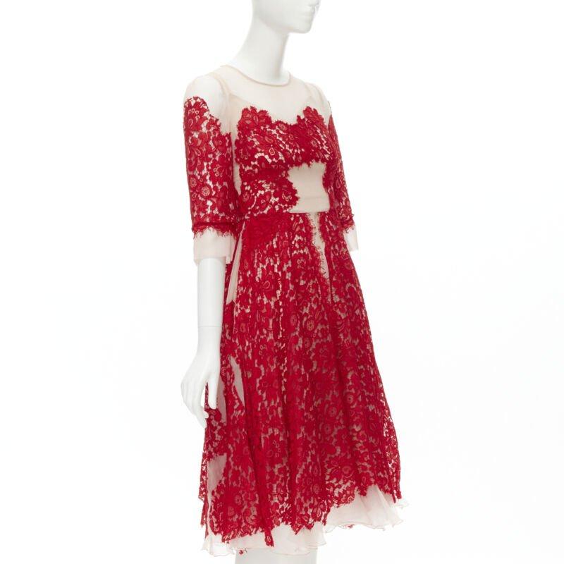 Red DOLCE GABBANA red lace panel pink sheer silk fit flared cocktail dress IT36 XS For Sale