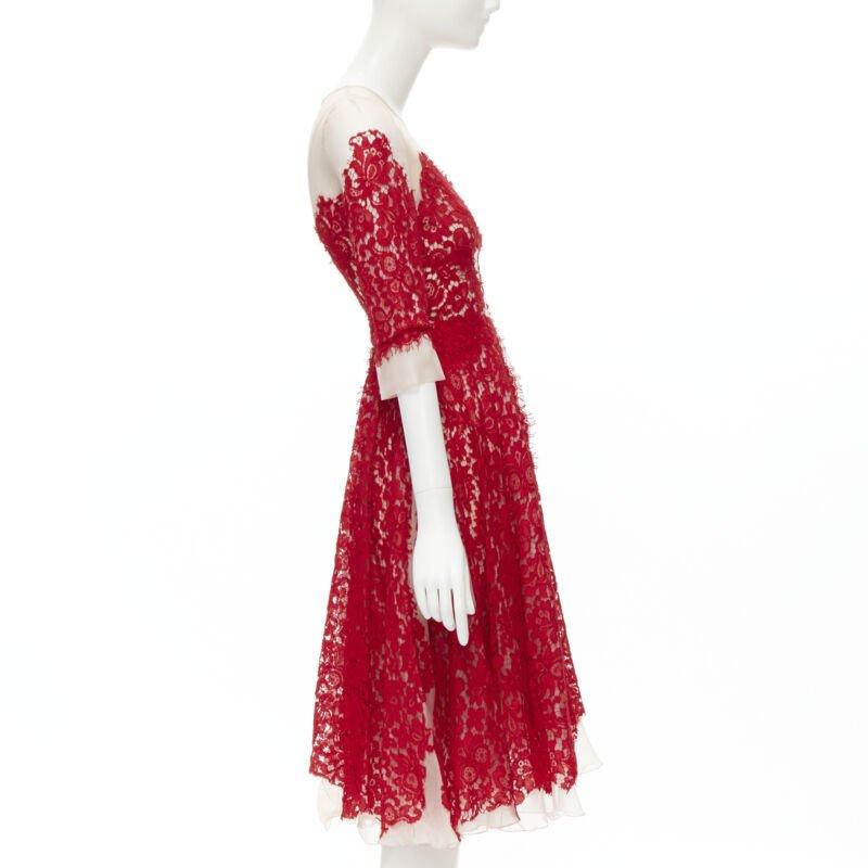 DOLCE GABBANA red lace panel pink sheer silk fit flared cocktail dress IT36 XS In Good Condition For Sale In Hong Kong, NT
