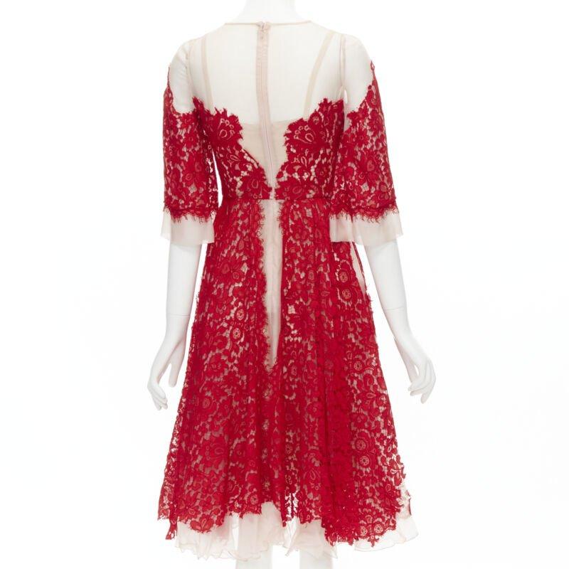 Women's DOLCE GABBANA red lace panel pink sheer silk fit flared cocktail dress IT36 XS For Sale