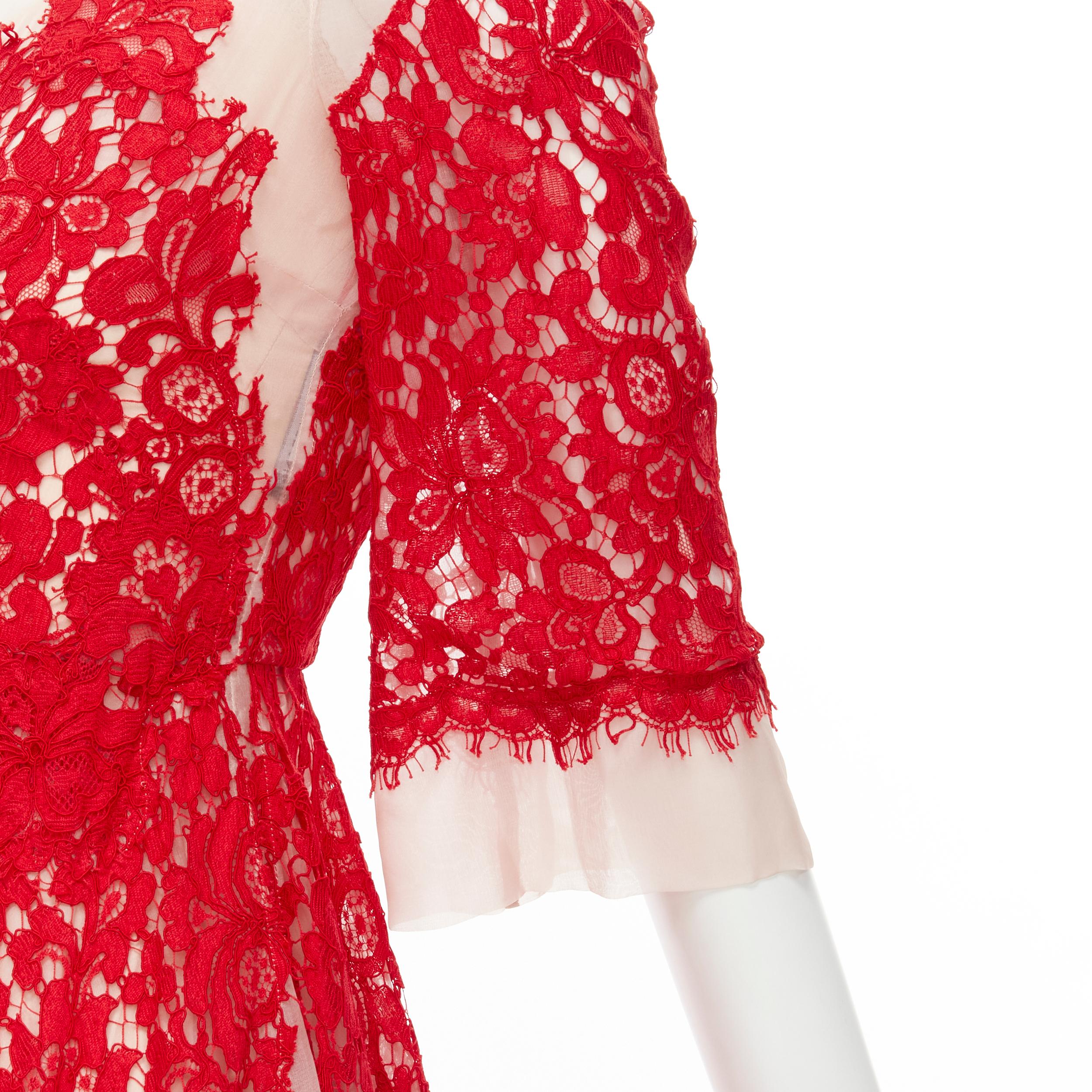 DOLCE GABBANA red lace panel pink sheer silk fit flared cocktail dress IT36 XS In Good Condition For Sale In Hong Kong, NT
