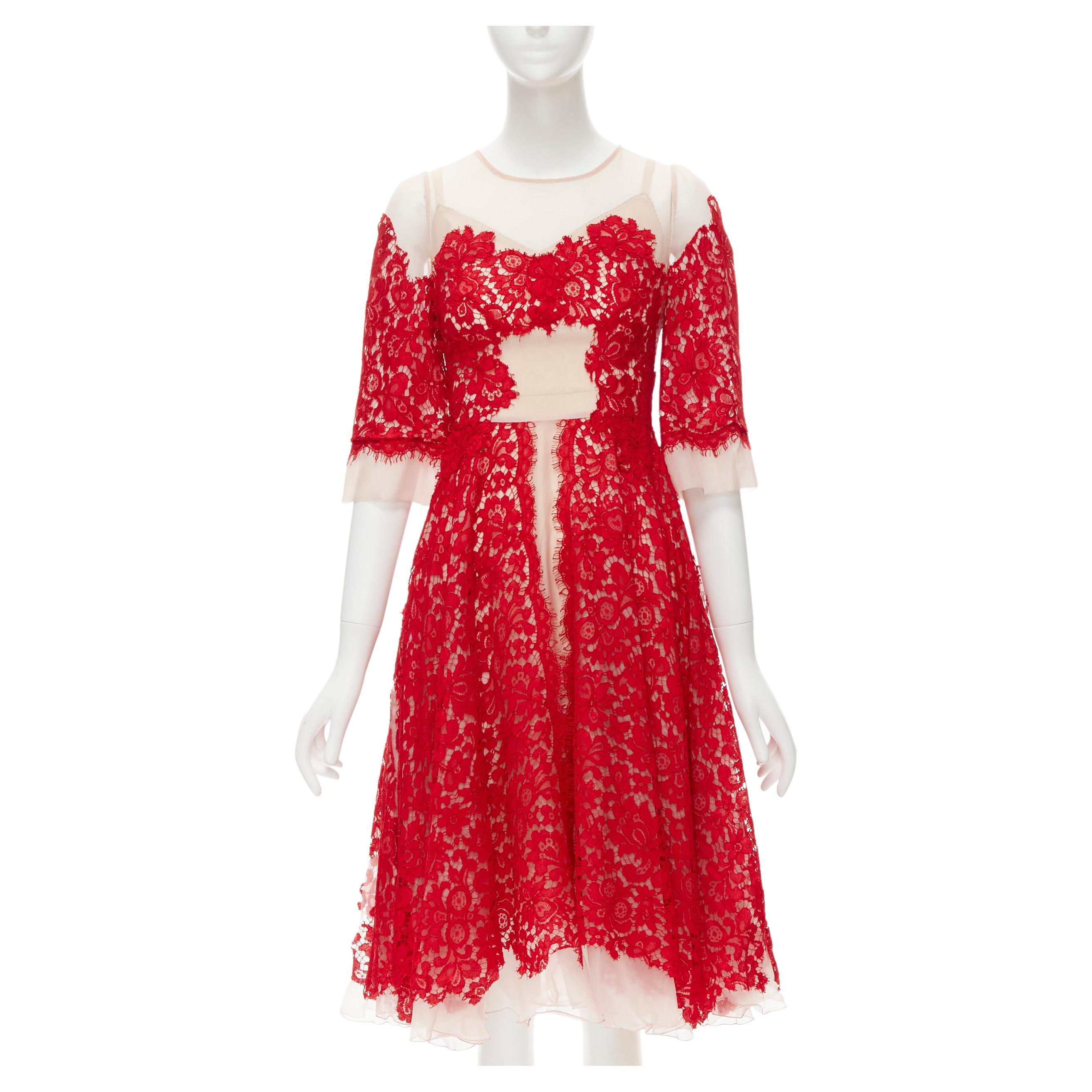 DOLCE GABBANA red lace panel pink sheer silk fit flared cocktail dress IT36 XS For Sale