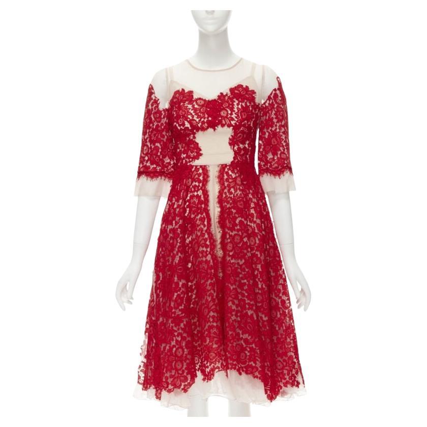 DOLCE GABBANA red lace panel pink sheer silk fit flared cocktail dress IT36 XS For Sale