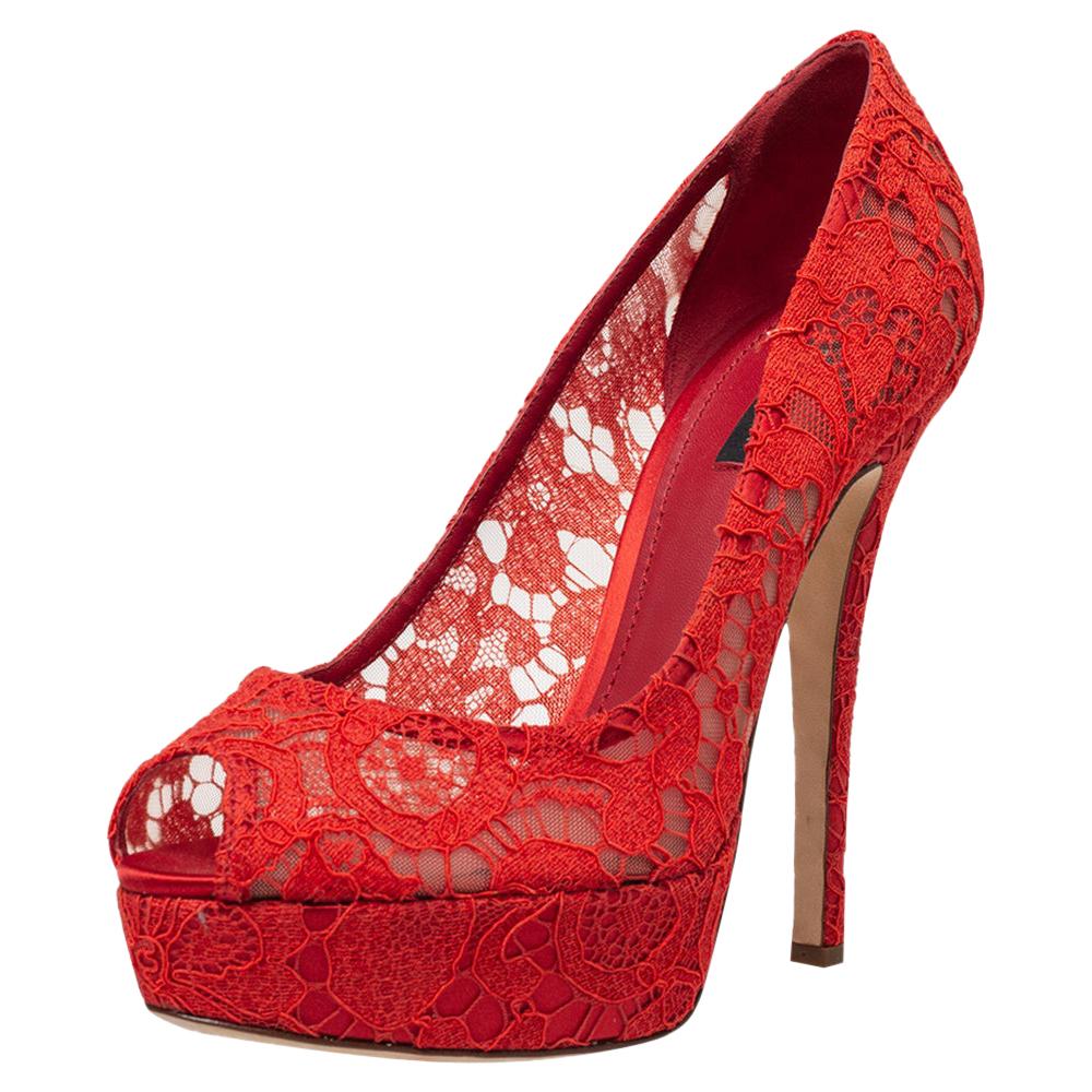 Dolce & Gabbana Red Lace Peep Toe Platform Pumps Size 41