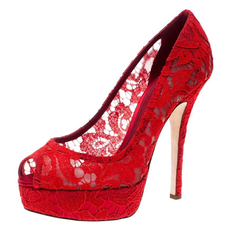 Dolce & Gabbana Red Lace Peep Toe Platform Pumps Size 41