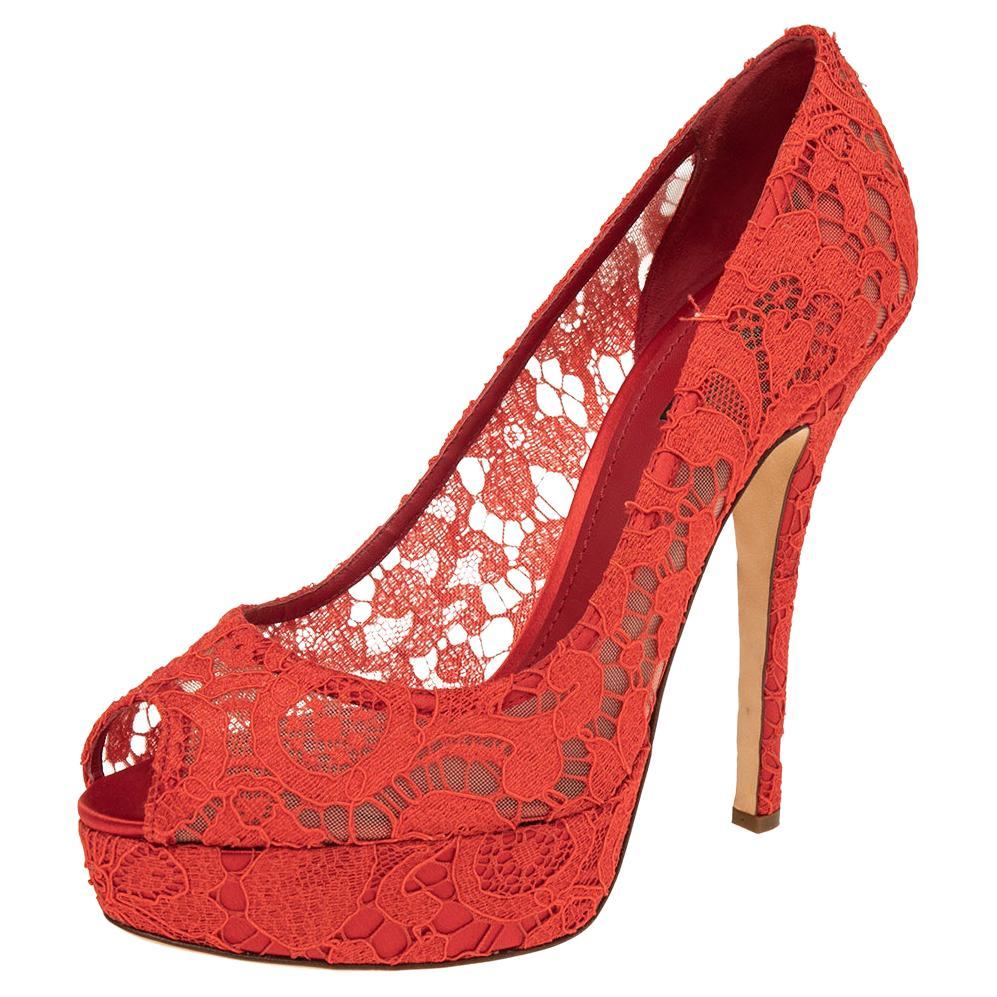 Dolce and Gabbana Red Lace Bellucci Crystal Pumps Size 40.5 For Sale at ...