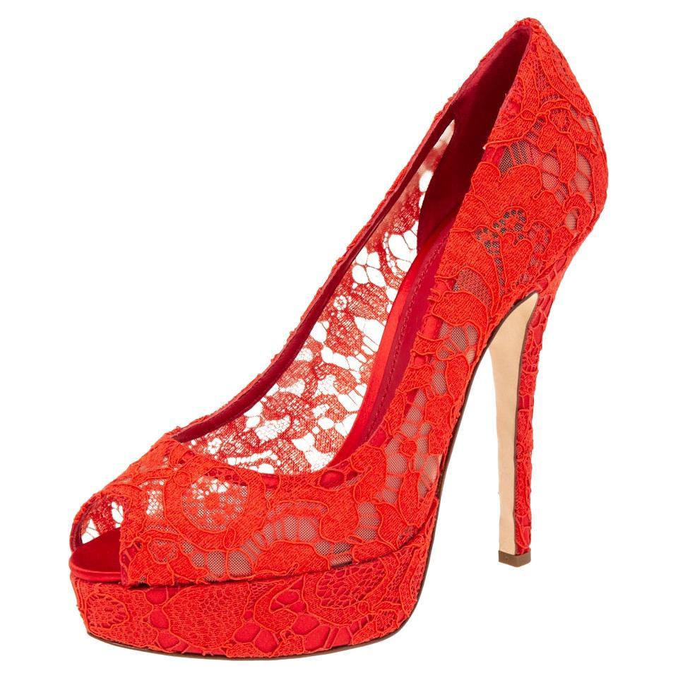 Dolce and Gabbana Red Lace Peep Toe Platform Pumps Size 41 at 1stDibs