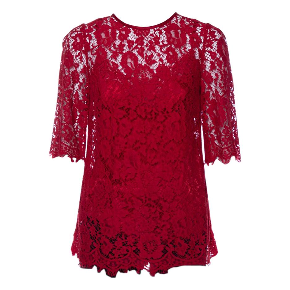 Dolce & Gabbana Red Lace Quarter Sleeve Top M For Sale