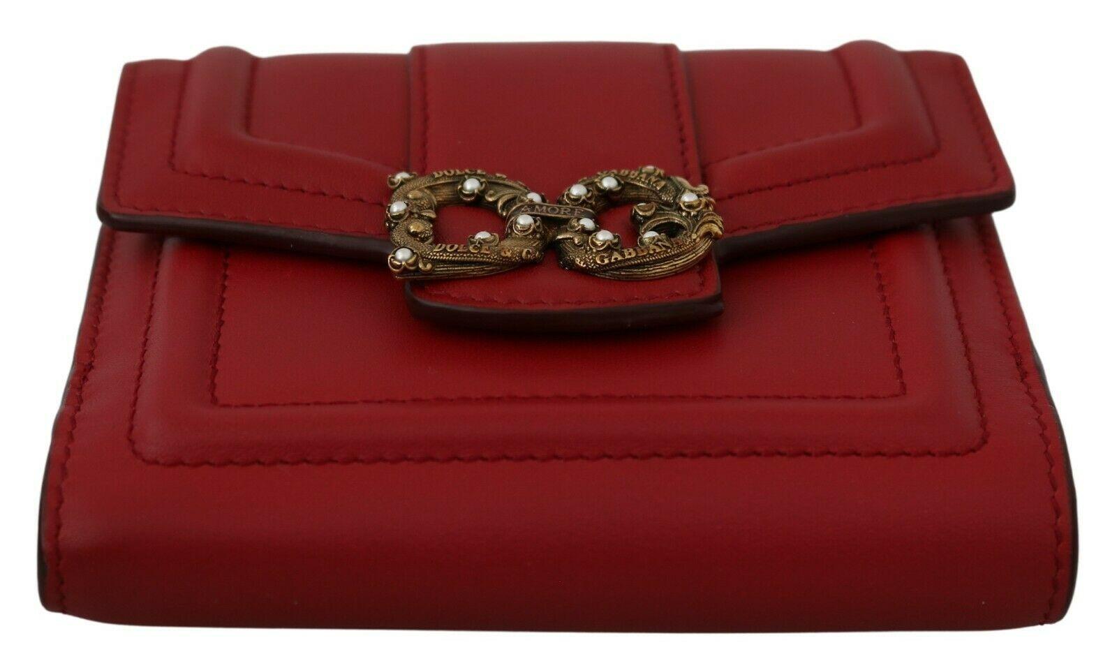Women's Dolce & Gabbana Red Leather Amore Trifold Wallet Purse Clutch Bag Gold DG Logo
