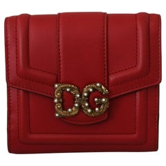 Dolce & Gabbana Red Leather Amore Trifold Wallet Purse Clutch Bag Gold DG Logo