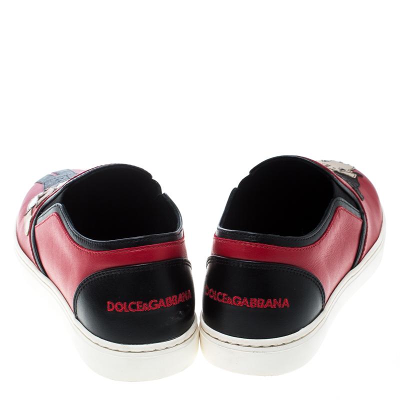 Dolce & Gabbana Red Leather Applique Detail Slip On Sneakers Size 38.5 In Good Condition In Dubai, Al Qouz 2