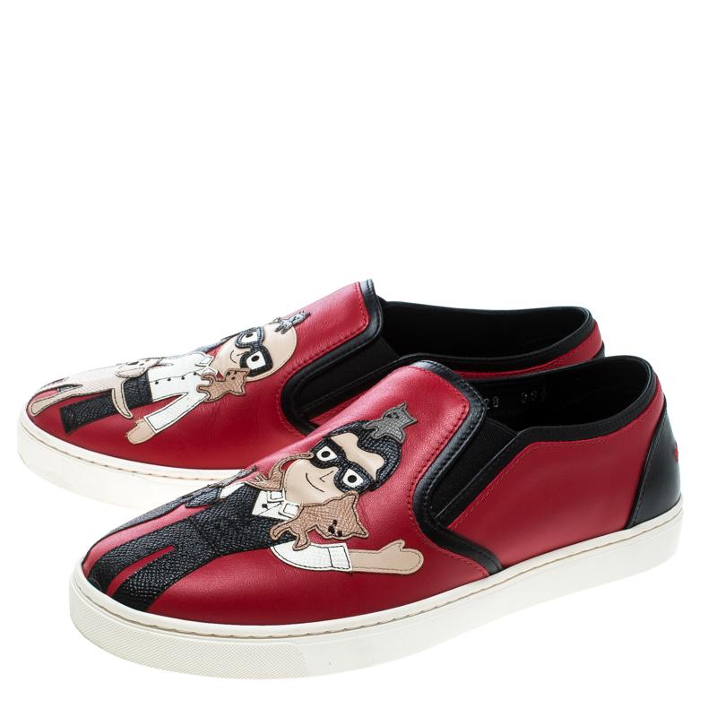 Women's Dolce & Gabbana Red Leather Applique Detail Slip On Sneakers Size 38.5
