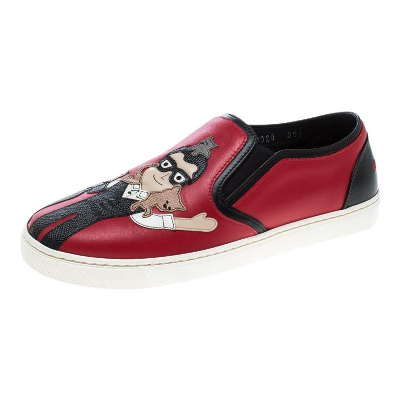 Dolce & Gabbana Red Leather Applique Detail Slip On Sneakers Size 38.5