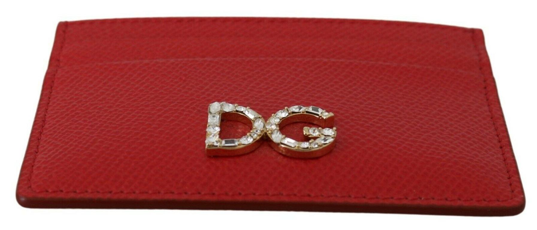 Women's Dolce & Gabbana Red Leather Cardholder Wallet Purse With Clear Crystals DG Logo