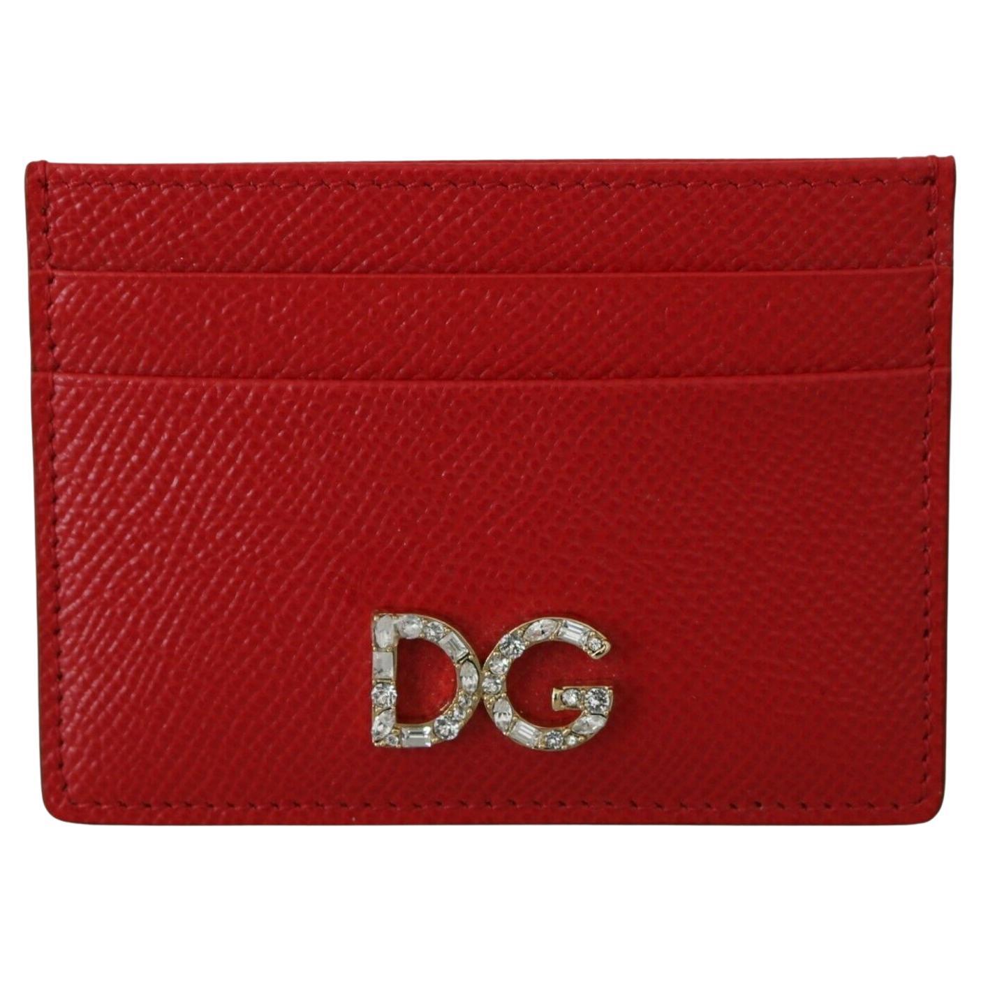 Dolce 
Gabbana Red Leather Cardholder Wallet Purse With Clear Crystals DG Logo