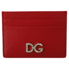 Dolce & Gabbana Red Leather Cardholder Wallet Purse With Clear Crystals DG Logo