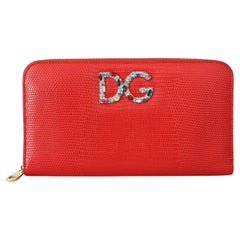 Dolce & Gabbana Red Leather Continental Wallet Purse Clutch Crystal DG Logo