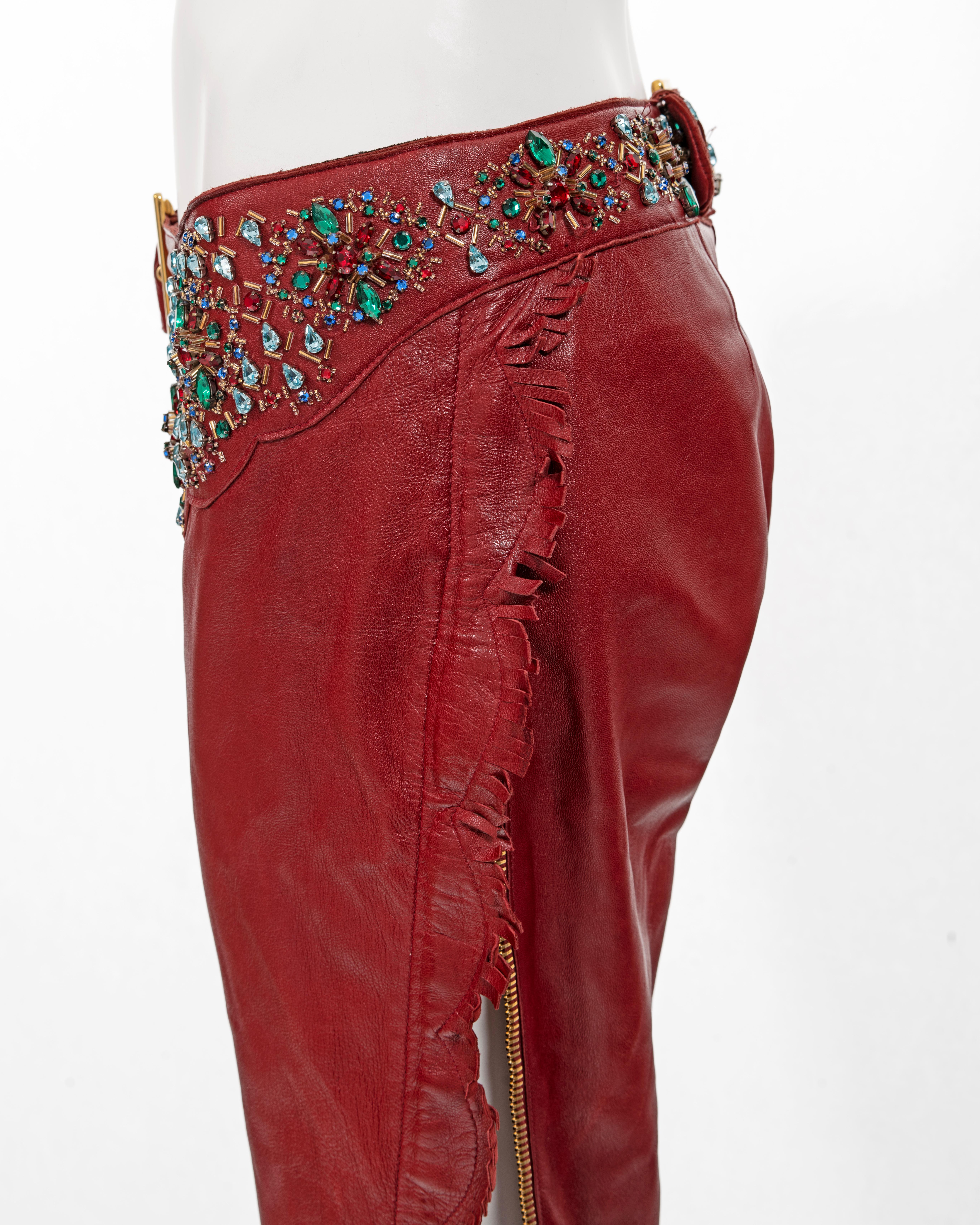Dolce & Gabbana red leather crystal embellished fringed pants, ss 2001 6