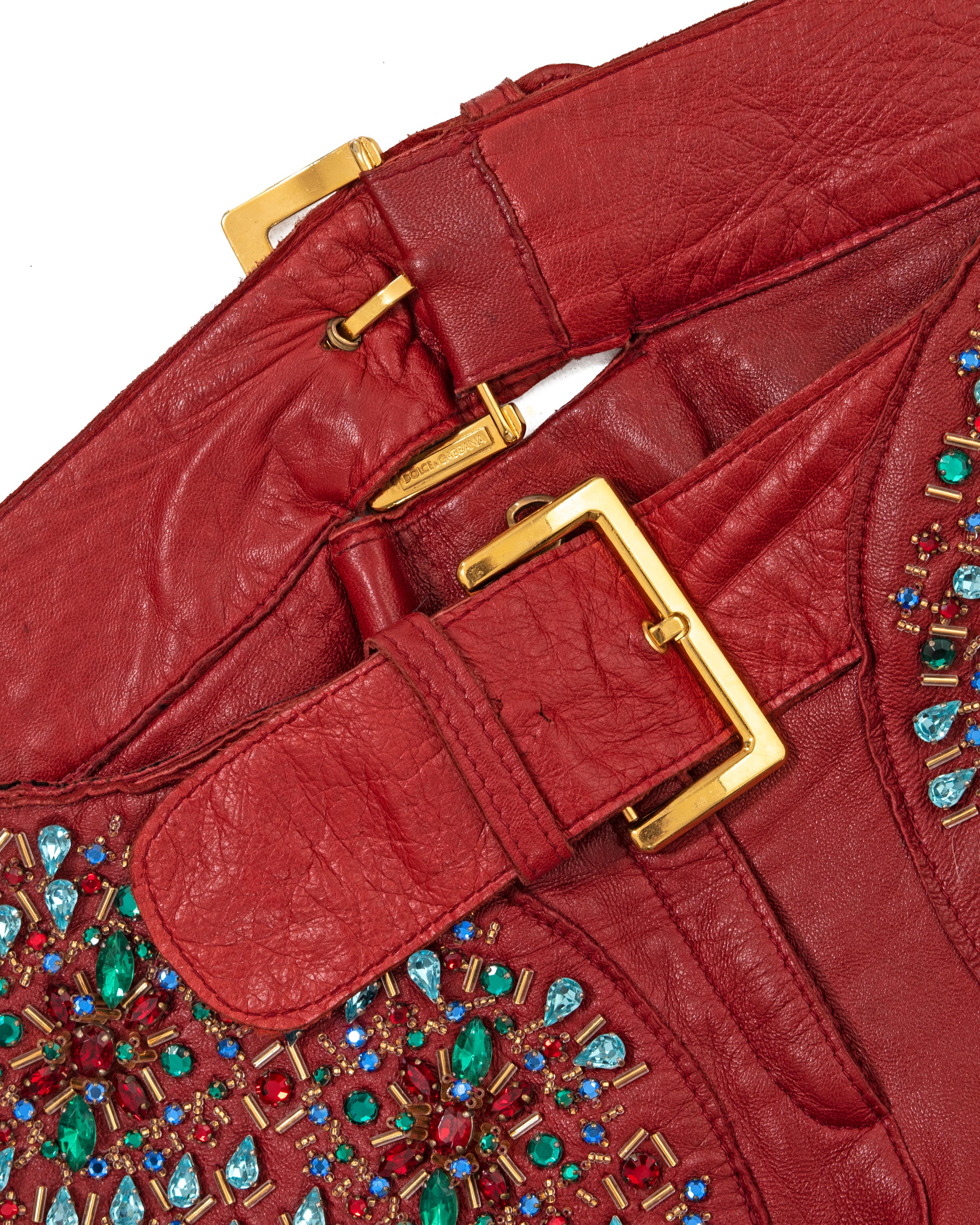 Dolce & Gabbana red leather crystal embellished fringed pants, ss 2001 7