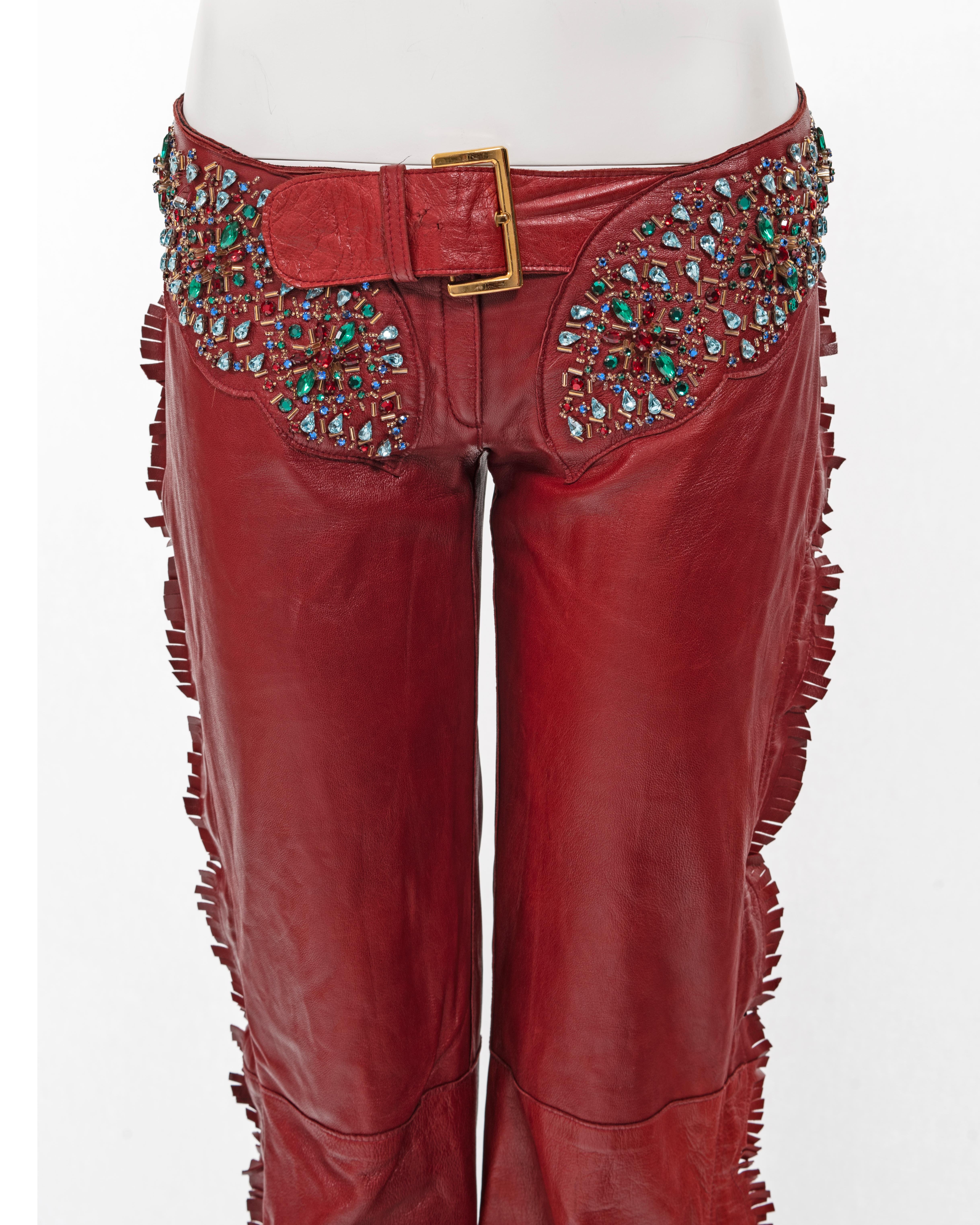 Dolce & Gabbana red leather crystal embellished fringed pants, ss 2001 In Fair Condition In London, GB
