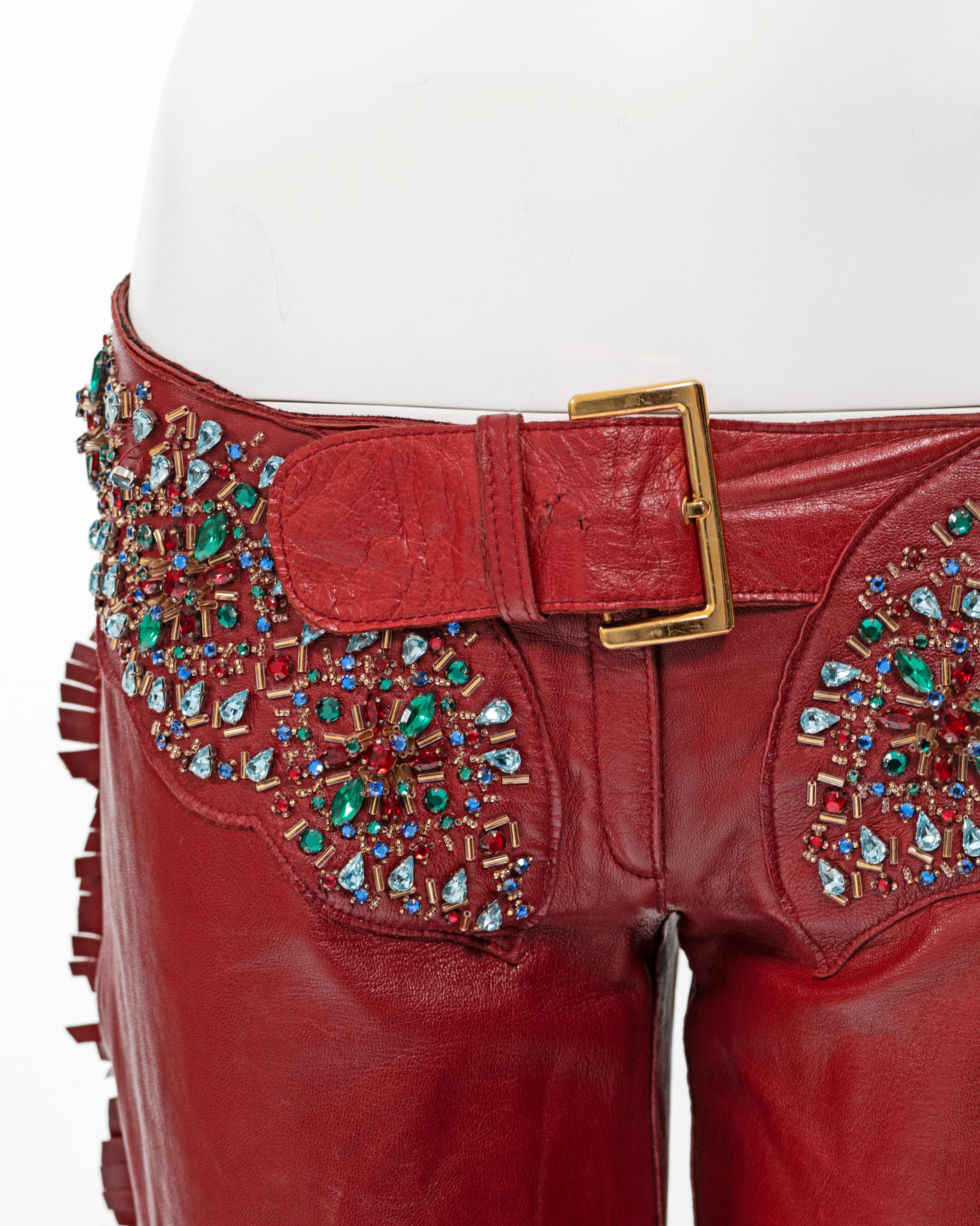 Women's Dolce & Gabbana red leather crystal embellished fringed pants, ss 2001