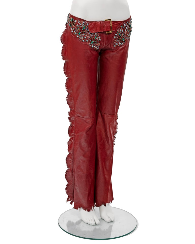 Dolce and Gabbana red leather crystal embellished fringed pants