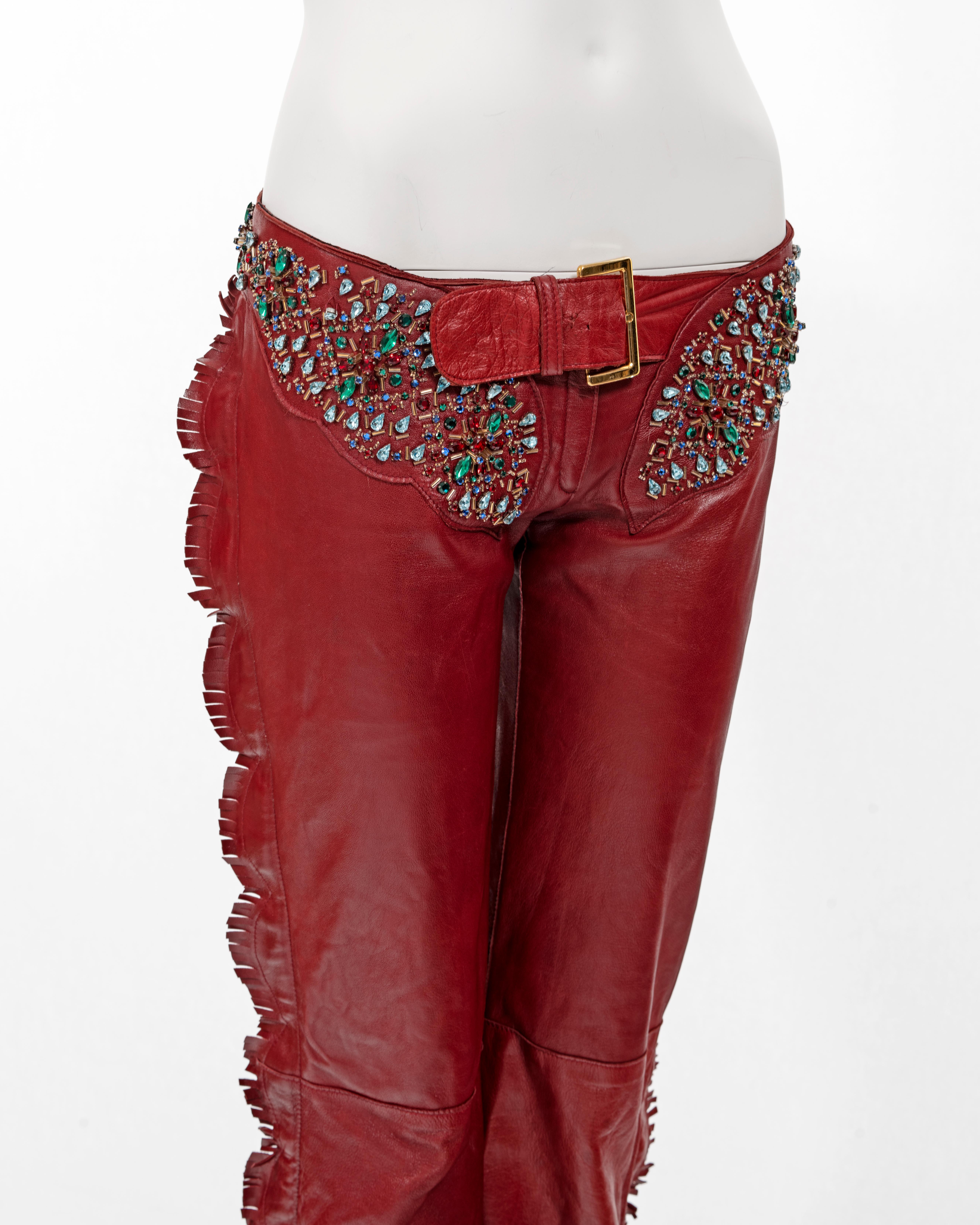 Dolce & Gabbana red leather crystal embellished fringed pants, ss 2001 2