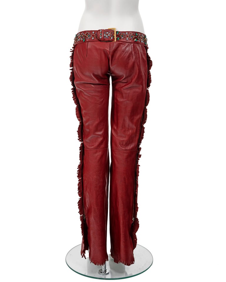 Dolce and Gabbana red leather crystal embellished fringed pants