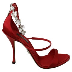 Dolce & Gabbana Red Leather Crystals Ankle Strap Sandals Shoes Heels DG Italy