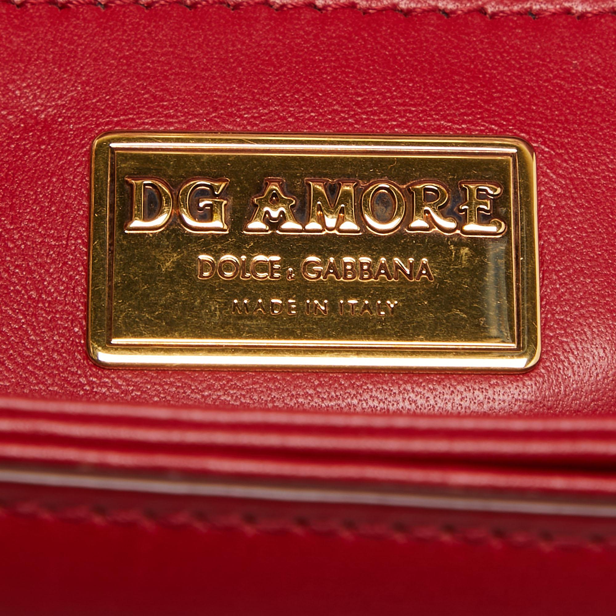 Dolce & Gabbana Red Leather DG Amore Crystals Top Handle Bag For Sale 6